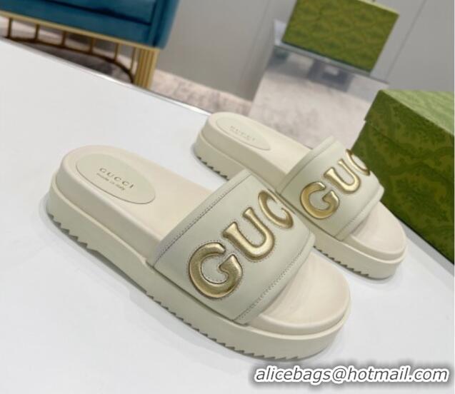 Hot Style Gucci Leather Slide Sandals with Gucci Script White 620063