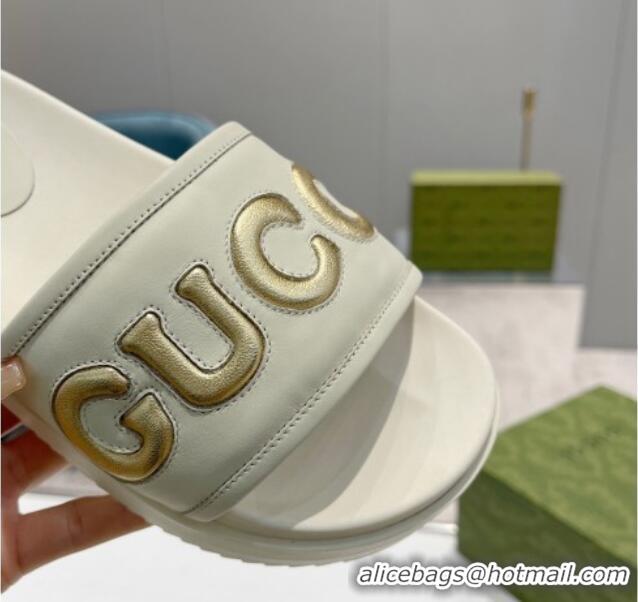 Hot Style Gucci Leather Slide Sandals with Gucci Script White 620063