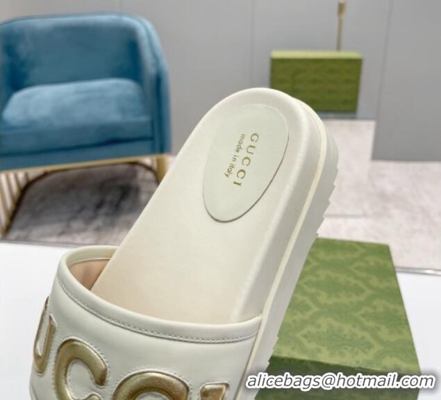 Hot Style Gucci Leather Slide Sandals with Gucci Script White 620063