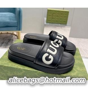 Buy Discount Gucci Leather Slide Sandals with Gucci Script Black 620064