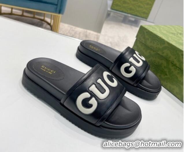 Buy Discount Gucci Leather Slide Sandals with Gucci Script Black 620064