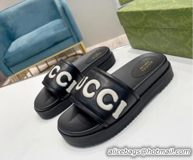 Buy Discount Gucci Leather Slide Sandals with Gucci Script Black 620064