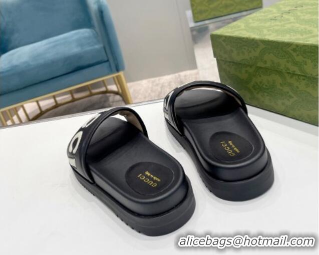 Buy Discount Gucci Leather Slide Sandals with Gucci Script Black 620064