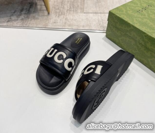 Buy Discount Gucci Leather Slide Sandals with Gucci Script Black 620064