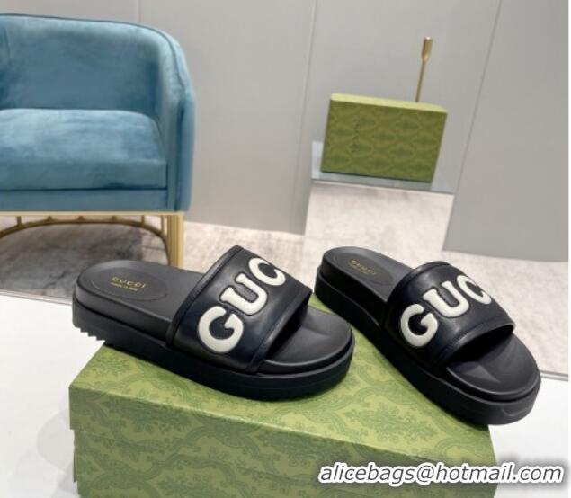 Buy Discount Gucci Leather Slide Sandals with Gucci Script Black 620064