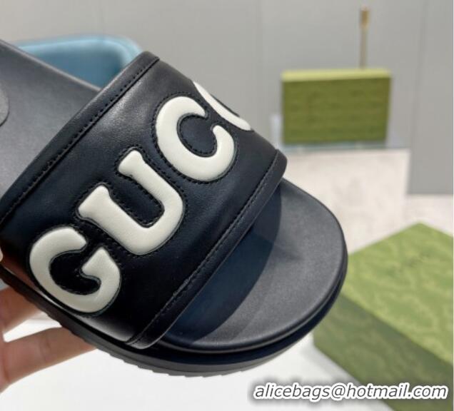 Buy Discount Gucci Leather Slide Sandals with Gucci Script Black 620064