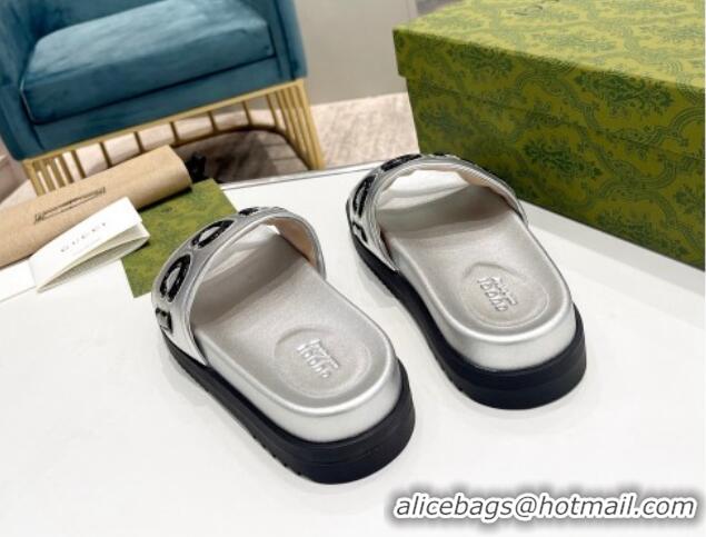 Grade Quality Gucci Leather Slide Sandals with Gucci Script Silver 620065