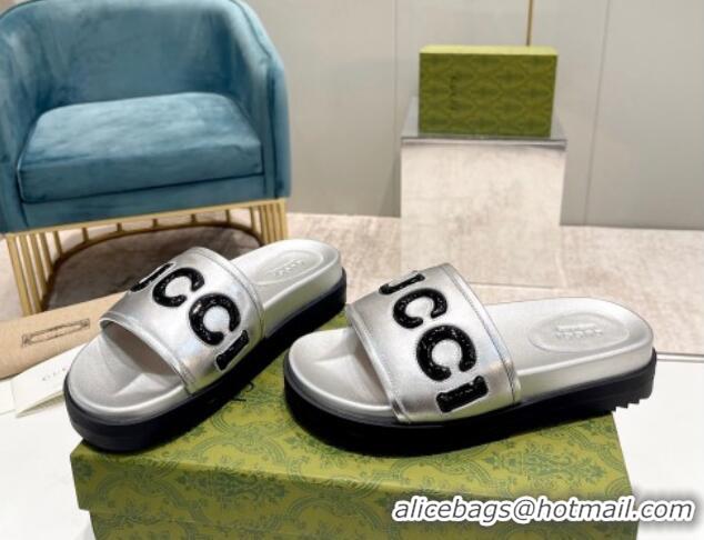 Grade Quality Gucci Leather Slide Sandals with Gucci Script Silver 620065