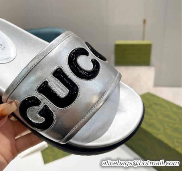 Grade Quality Gucci Leather Slide Sandals with Gucci Script Silver 620065