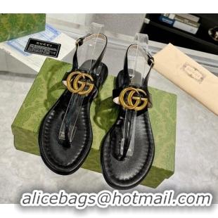 Grade Gucci Leather Double G Flat Thong Sandals Black 620066