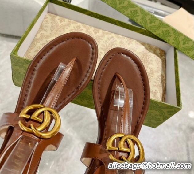 Low Cost Gucci Leather Double G Flat Thong Sandals Brown 620068