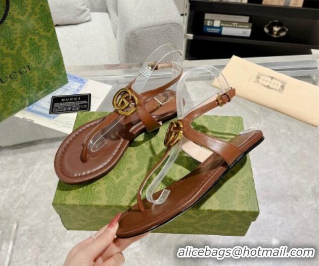 Low Cost Gucci Leather Double G Flat Thong Sandals Brown 620068