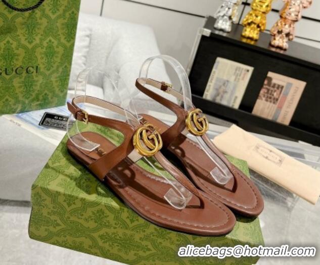 Low Cost Gucci Leather Double G Flat Thong Sandals Brown 620068