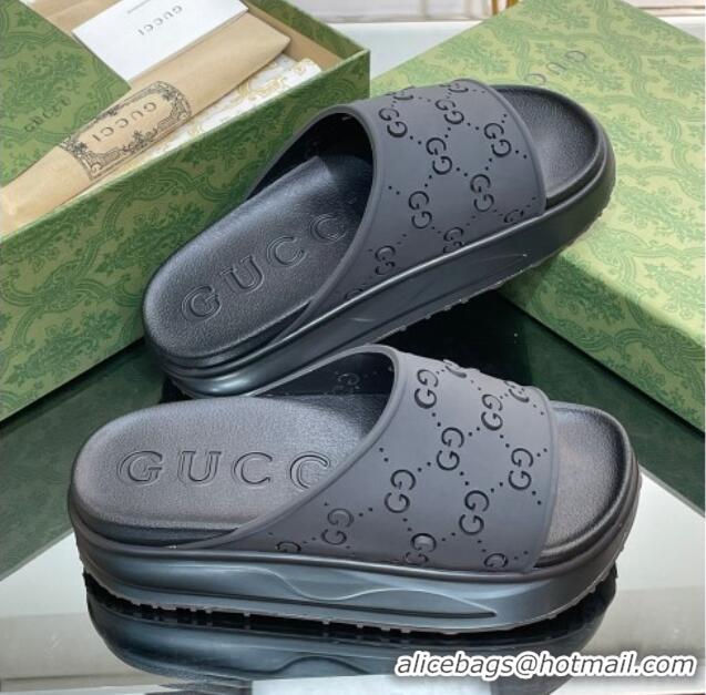 Fashion Luxury Gucci Rubber Platform Slide Sandal with Cut Out GG Black 620072