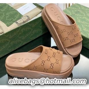 Good Product Gucci Rubber Platform Slide Sandal with Cut Out GG Brown 620074