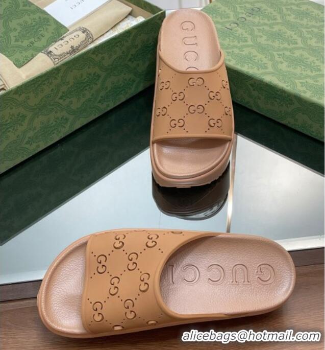 Good Product Gucci Rubber Platform Slide Sandal with Cut Out GG Brown 620074