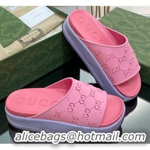 Duplicate Gucci Rubber Platform Slide Sandal with Cut Out GG Pink 620078