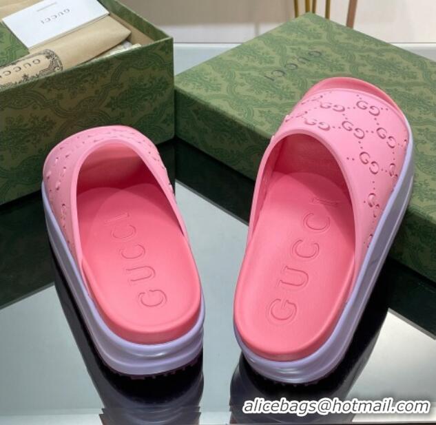 Duplicate Gucci Rubber Platform Slide Sandal with Cut Out GG Pink 620078