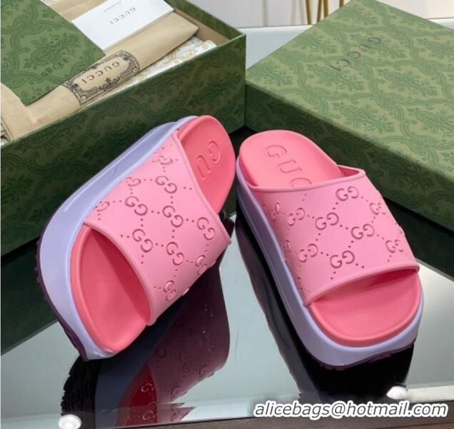 Duplicate Gucci Rubber Platform Slide Sandal with Cut Out GG Pink 620078