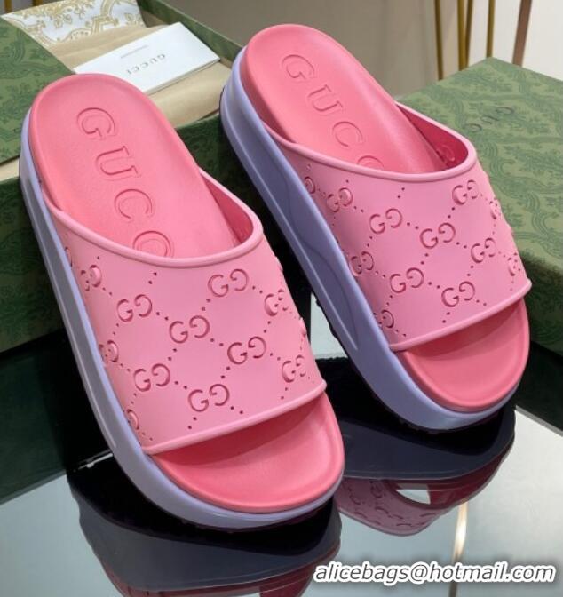 Duplicate Gucci Rubber Platform Slide Sandal with Cut Out GG Pink 620078