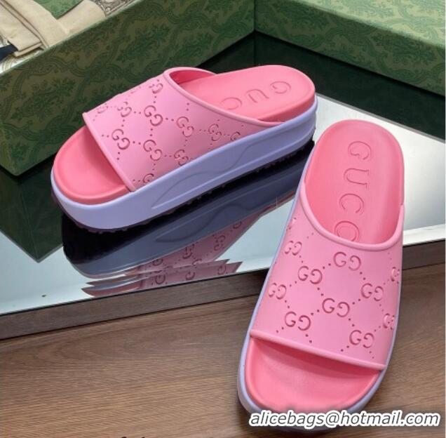 Duplicate Gucci Rubber Platform Slide Sandal with Cut Out GG Pink 620078