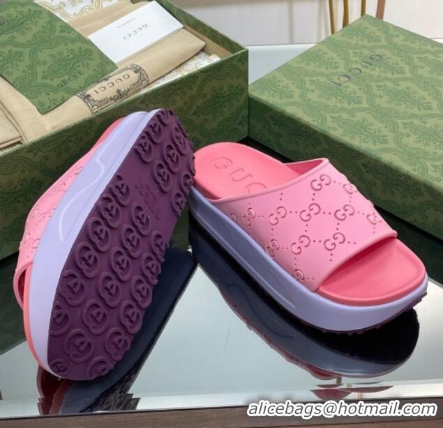 Duplicate Gucci Rubber Platform Slide Sandal with Cut Out GG Pink 620078