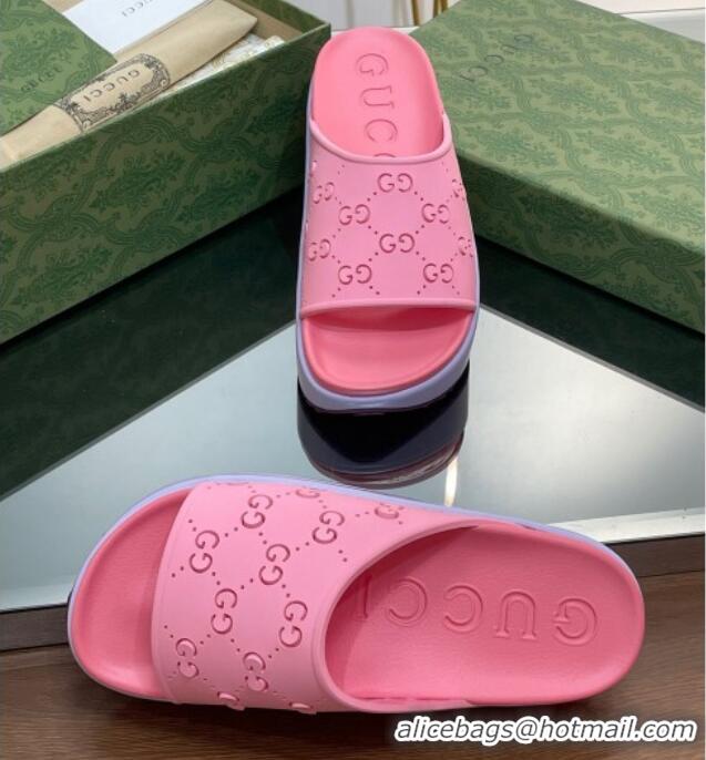 Duplicate Gucci Rubber Platform Slide Sandal with Cut Out GG Pink 620078