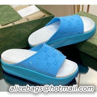 Charming Gucci Rubber Platform Slide Sandal with Cut Out GG Light Blue 620079