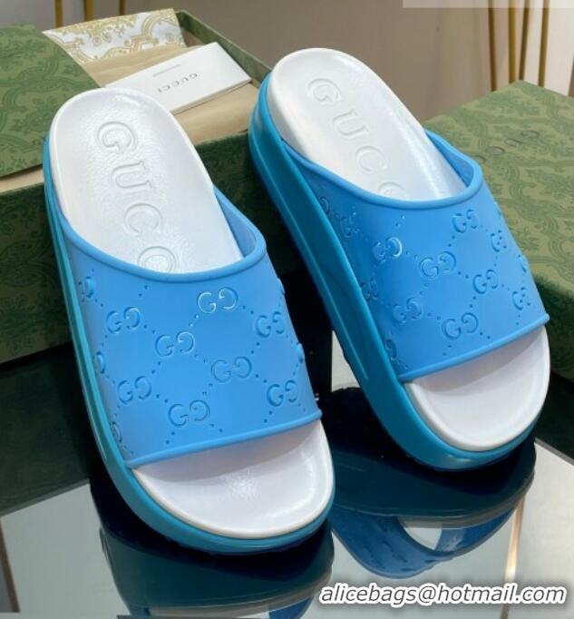 Charming Gucci Rubber Platform Slide Sandal with Cut Out GG Light Blue 620079