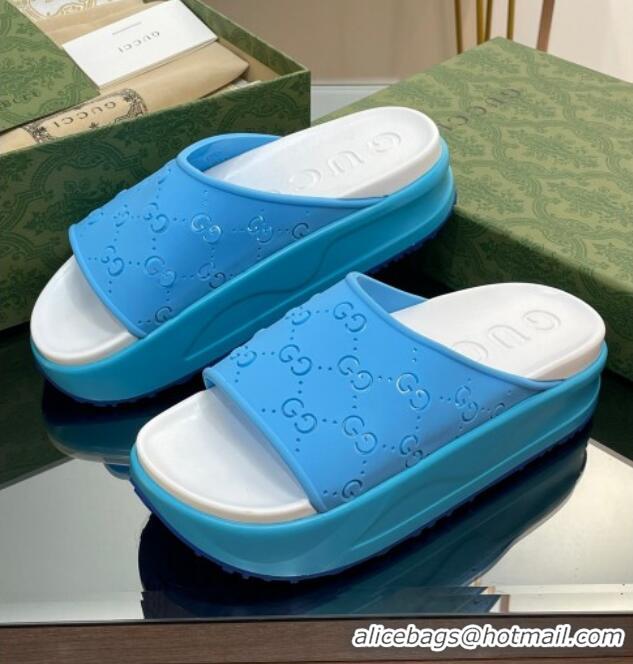 Charming Gucci Rubber Platform Slide Sandal with Cut Out GG Light Blue 620079