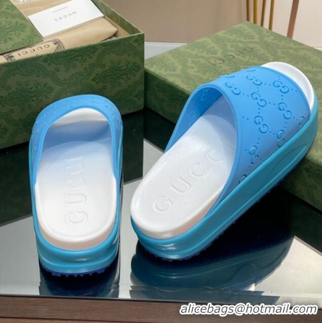 Charming Gucci Rubber Platform Slide Sandal with Cut Out GG Light Blue 620079