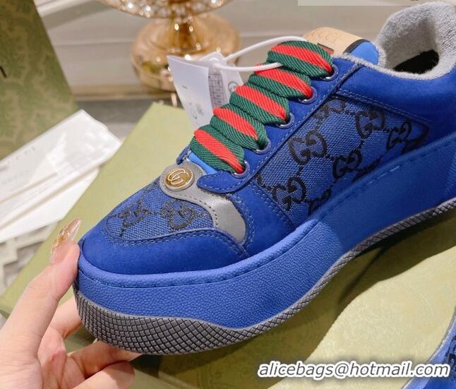 Cheap Price Gucci Screener Platform Sneakers in GG Canvas and Suede Royal Blue 620080