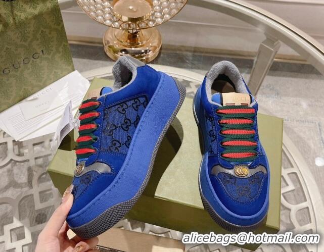 Cheap Price Gucci Screener Platform Sneakers in GG Canvas and Suede Royal Blue 620080