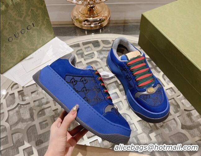 Cheap Price Gucci Screener Platform Sneakers in GG Canvas and Suede Royal Blue 620080