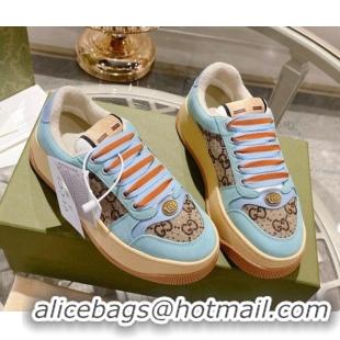 Good Quality Gucci Screener Platform Sneakers in GG Canvas and Suede Light Blue/Beige 620081