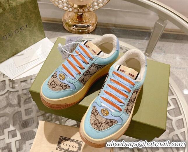 Good Quality Gucci Screener Platform Sneakers in GG Canvas and Suede Light Blue/Beige 620081