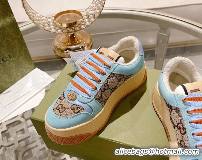 Good Quality Gucci Screener Platform Sneakers in GG Canvas and Suede Light Blue/Beige 620081