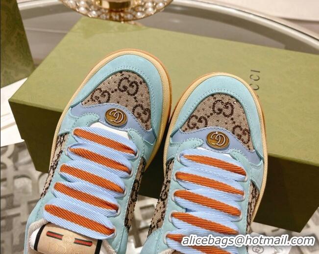 Good Quality Gucci Screener Platform Sneakers in GG Canvas and Suede Light Blue/Beige 620081