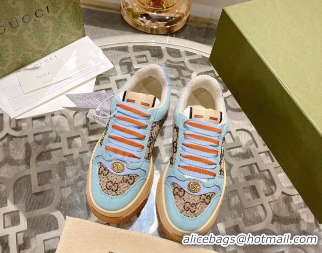 Good Quality Gucci Screener Platform Sneakers in GG Canvas and Suede Light Blue/Beige 620081