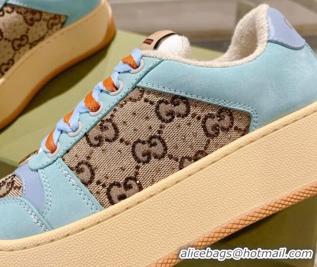 Good Quality Gucci Screener Platform Sneakers in GG Canvas and Suede Light Blue/Beige 620081