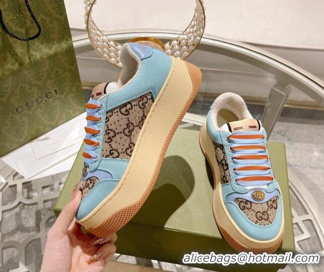 Good Quality Gucci Screener Platform Sneakers in GG Canvas and Suede Light Blue/Beige 620081