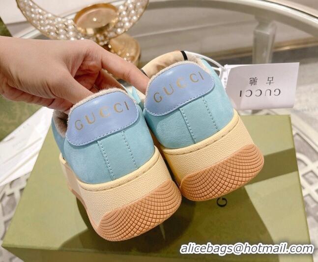 Good Quality Gucci Screener Platform Sneakers in GG Canvas and Suede Light Blue/Beige 620081