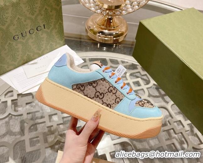 Good Quality Gucci Screener Platform Sneakers in GG Canvas and Suede Light Blue/Beige 620081