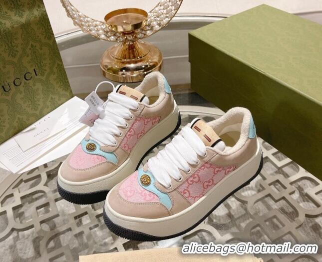 Luxury Discount Gucci Screener Platform Sneakers in GG Canvas and Suede Light Pink/Nude 620082