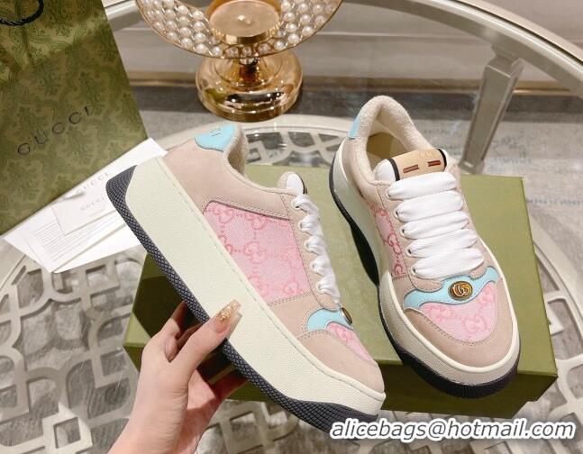 Luxury Discount Gucci Screener Platform Sneakers in GG Canvas and Suede Light Pink/Nude 620082