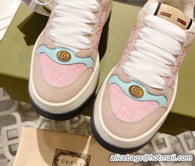 Luxury Discount Gucci Screener Platform Sneakers in GG Canvas and Suede Light Pink/Nude 620082