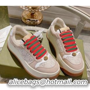 Luxury Gucci Screener Platform Sneakers in GG Lamé Canvas and Suede White/Nude 620083