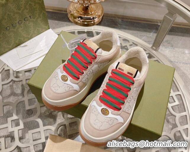 Luxury Gucci Screener Platform Sneakers in GG Lamé Canvas and Suede White/Nude 620083