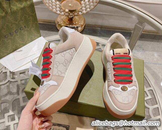 Luxury Gucci Screener Platform Sneakers in GG Lamé Canvas and Suede White/Nude 620083