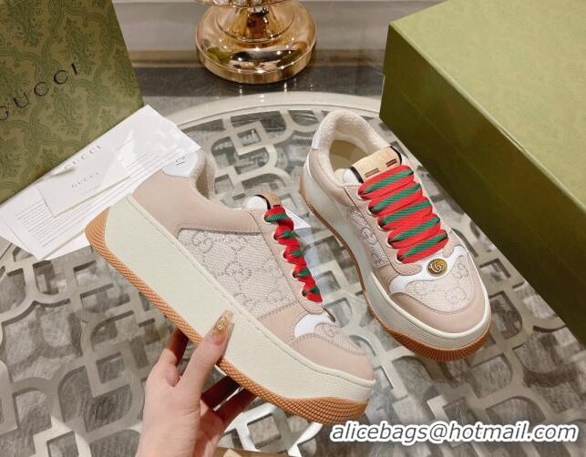 Luxury Gucci Screener Platform Sneakers in GG Lamé Canvas and Suede White/Nude 620083